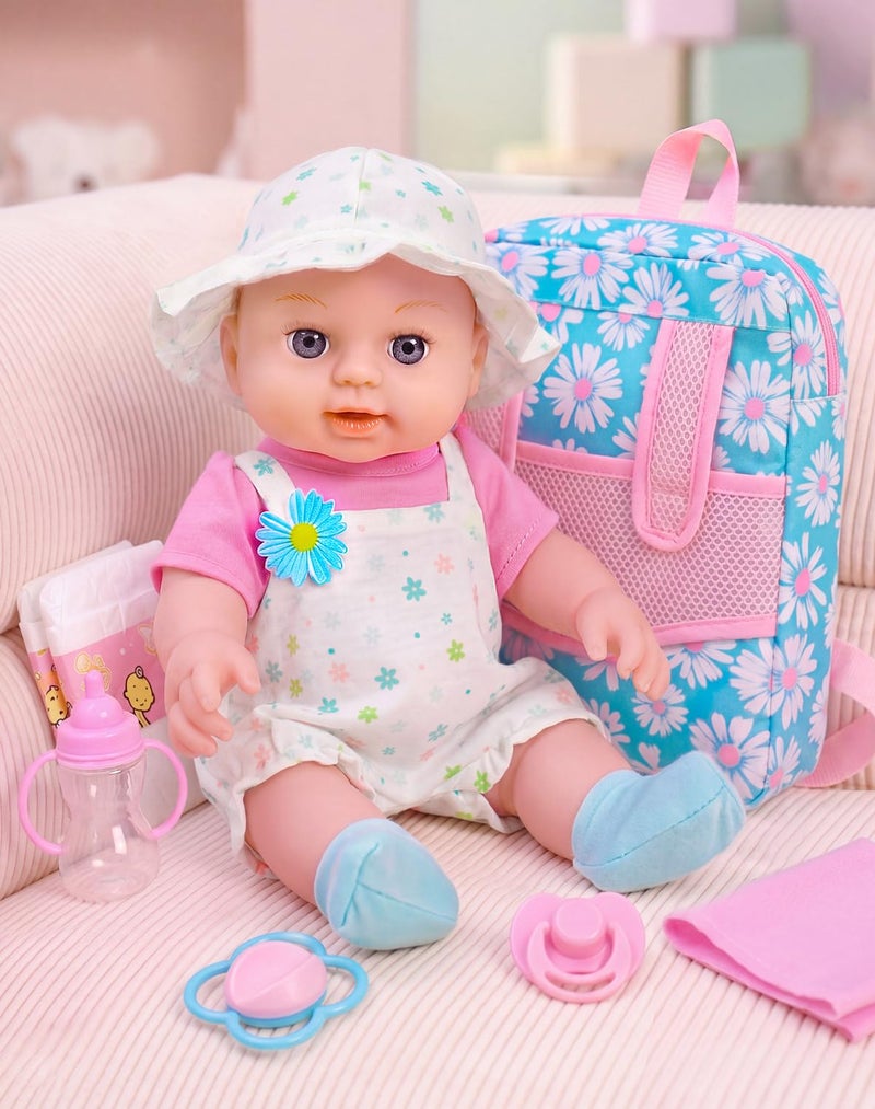 DOTVOSY 12 Girls Baby Doll Daisy Theme Backpack Carrier Playset12 Inch Reborn Baby Dolls With Accessories And Clothes Set Toy Stuffs Pink Hanky Diaper Bottle Nipple And Gifts For Baby Toddler Age 3 - Image 4
