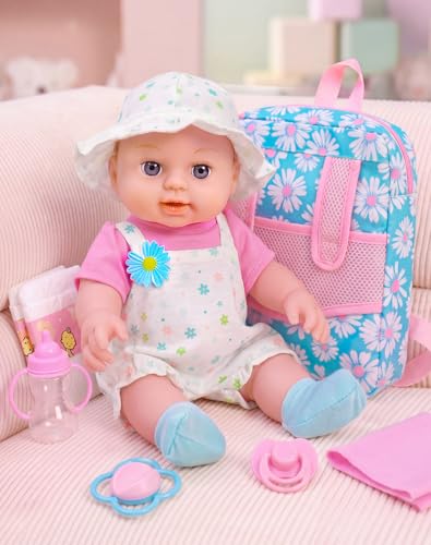 DOTVOSY 12 Girls Baby Doll Daisy Theme Backpack Carrier Playset12 Inch Reborn Baby Dolls With Accessories And Clothes Set Toy Stuffs Pink Hanky Diaper Bottle Nipple And Gifts For Baby Toddler Age 3 - Image 1