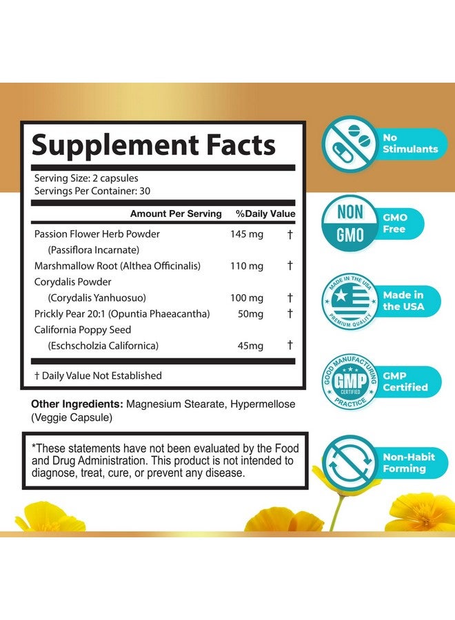 NerveCalm - Natural Calm Supplement | Herbal Blend with Passion Flower, Prickly Pear & California Poppy | Vegan Capsules, Non-GMO, 1 Month Supply | Made in USA - Image 3