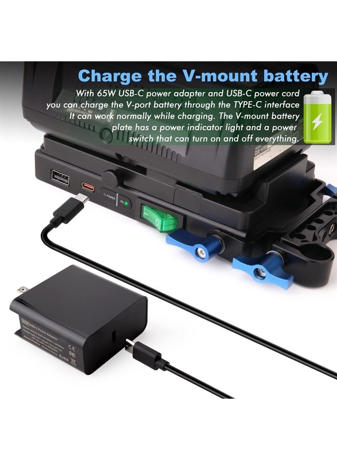 V-Mount Lock Battery Plate Power Supply Splitter Adapter with V Mount Battery Charging Function + BMPCC 4K/6K USB-C PD Coiled Power Cable for Black Magic Pocket Cinema Camera.