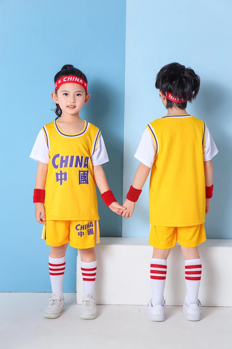 Children'S Chinese Team Jersey Basketball Uniform Kindergarten Baby Short-Sleeved Basketball Jersey Boys And Girls Students Fake Two-Piece Jersey - Image 1