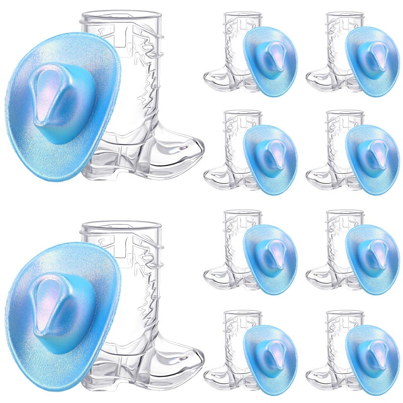 Vesici 20 Pcs Mini Cowboy Boot Shot Glasses Western Cowgirl Shot Boot Glasses Hats Space Cowgirl Themed Party Supplies Plastic Disco Bachelorette Party Decorations for Dollhouse(Laser Pink) - Image 1