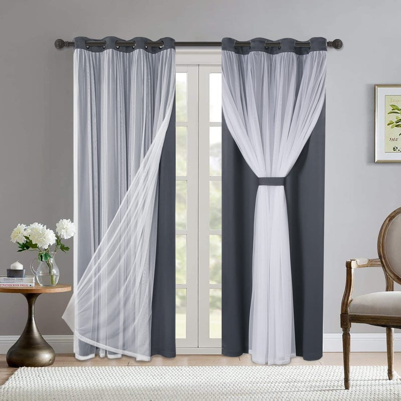 BONZER Grey Blackout Curtains with White Sheer Voile DoubleLayered Mix and Match Curtains Grommet Curtains for Living Room Grey 52x84 Inch Set of 2 Panels