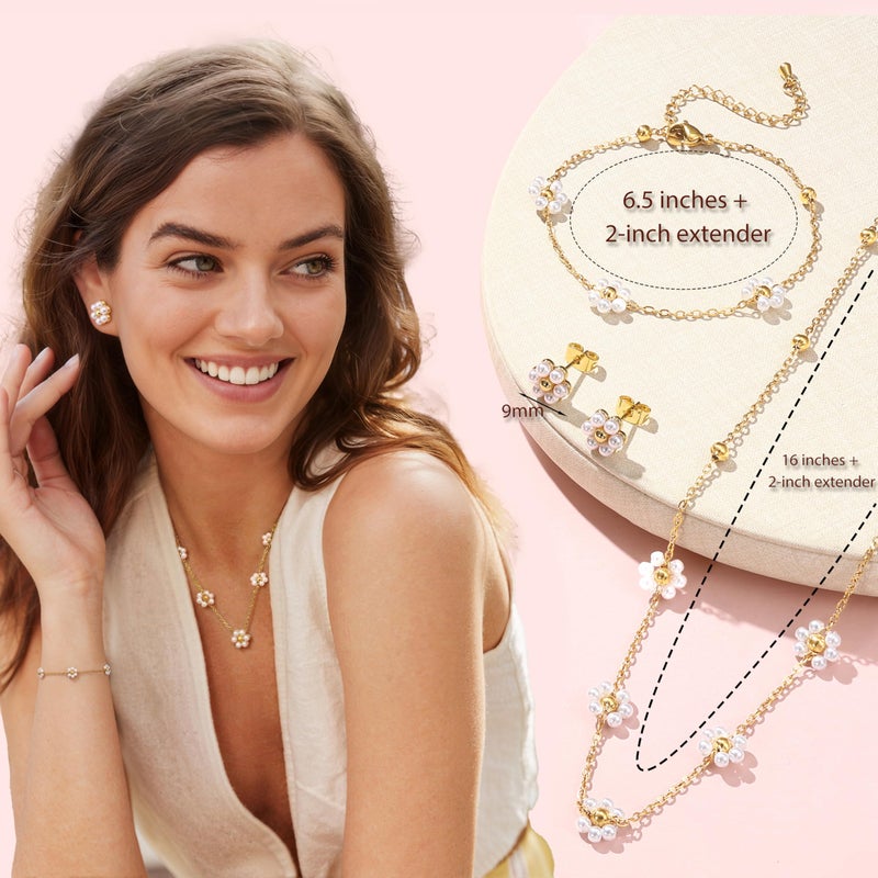 GEMQUEEN Daisy Pearl Jewelry Set for Women -14K Gold Plated Daisy Necklace Stainless Steel Hypoallergenic Pearl Earrings Dainty Pearl Necklace Bracelet Wedding Jewelry Sets for Bride Bridesmaid Costume Accessories Trendy Presents - Image 4