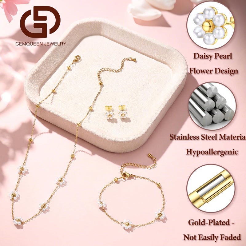 GEMQUEEN Daisy Pearl Jewelry Set for Women -14K Gold Plated Daisy Necklace Stainless Steel Hypoallergenic Pearl Earrings Dainty Pearl Necklace Bracelet Wedding Jewelry Sets for Bride Bridesmaid Costume Accessories Trendy Presents - Image 3
