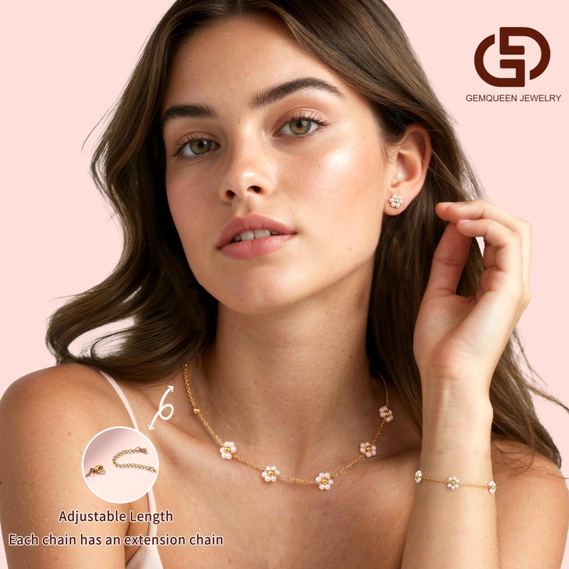 GEMQUEEN Daisy Pearl Jewelry Set for Women -14K Gold Plated Daisy Necklace Stainless Steel Hypoallergenic Pearl Earrings Dainty Pearl Necklace Bracelet Wedding Jewelry Sets for Bride Bridesmaid Costume Accessories Trendy Presents - Image 2
