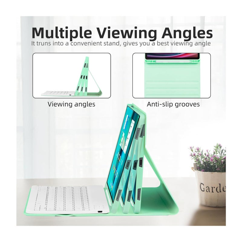 Bluetooth Keyboard: Green Detachable 7-Color Backlit Rechargeable Magnetic Keyboard - Multi-Angle Stand With 3 Non-Slip Slots Honeycomb TPU Protective Cover For Samsung Galaxy Tab S7/S8/S9/S9FE Travel - Image 5