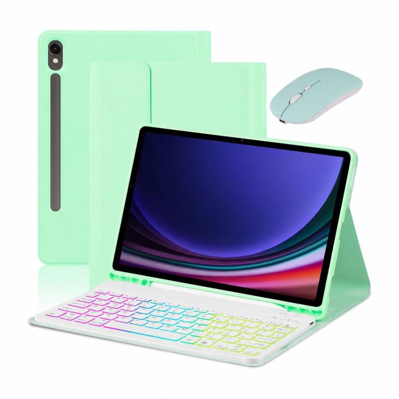 Bluetooth Keyboard: Green Detachable 7-Color Backlit Rechargeable Magnetic Keyboard - Multi-Angle Stand With 3 Non-Slip Slots Honeycomb TPU Protective Cover For Samsung Galaxy Tab S7/S8/S9/S9FE Travel - Image 1