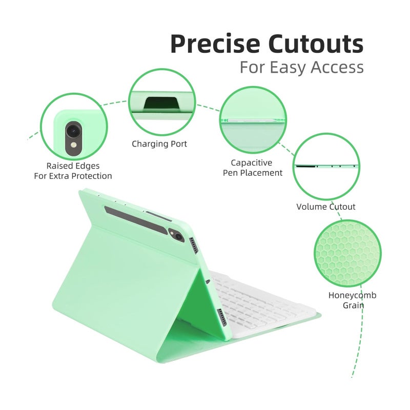 Bluetooth Keyboard: Green Detachable 7-Color Backlit Rechargeable Magnetic Keyboard - Multi-Angle Stand With 3 Non-Slip Slots Honeycomb TPU Protective Cover For Samsung Galaxy Tab S7/S8/S9/S9FE Travel - Image 2