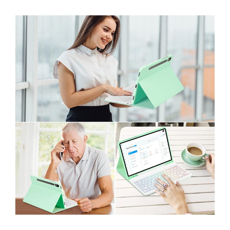 Bluetooth Keyboard: Green Detachable 7-Color Backlit Rechargeable Magnetic Keyboard - Multi-Angle Stand With 3 Non-Slip Slots Honeycomb TPU Protective Cover For Samsung Galaxy Tab S7/S8/S9/S9FE Travel - Image 4