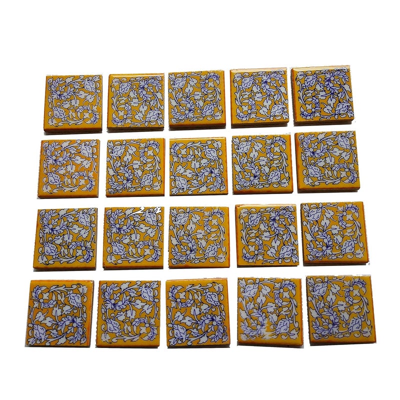 Shiv Kripa Blue Pottery Shiv Kripa Blue Pottery Deorative Blue Pottery Ceramic Pottery Floral Ethnic Interior Exterior Crafted Tabletop Flooring Wall Ceramic Tiles 2X2 Inches Pack of 50 Tile Yellow 