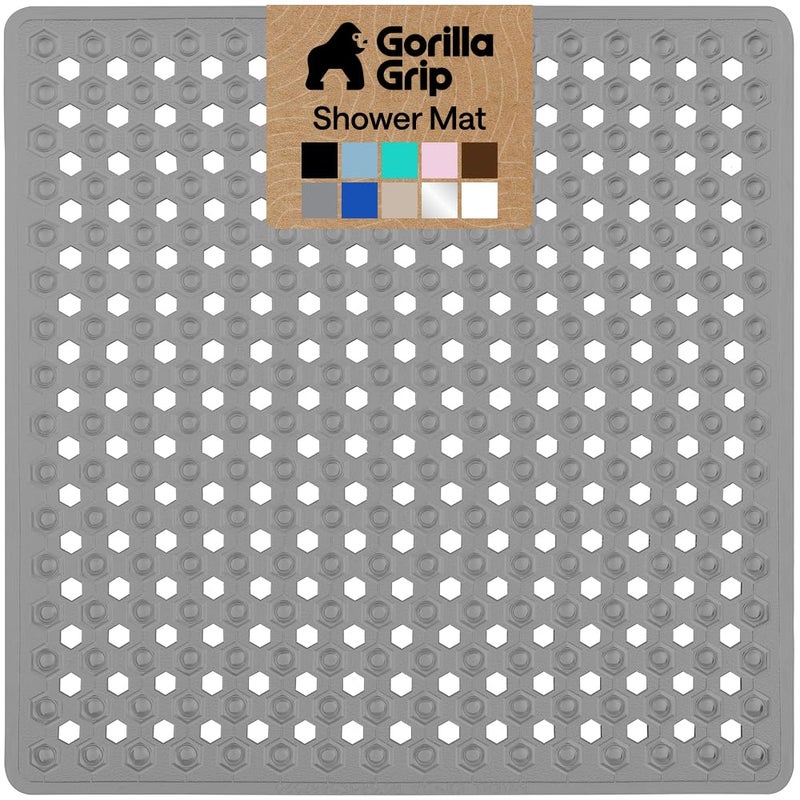 GORILLA GRIP Patented Square Shower Stall Mat, Small Bathtub Floor Mats for Stand Up Showers, Suction Cups and Drainage Holes, Machine Wash, Soft on Feet, Bathroom Accessories 21x21 Inch, Gray Opaque - Image 1