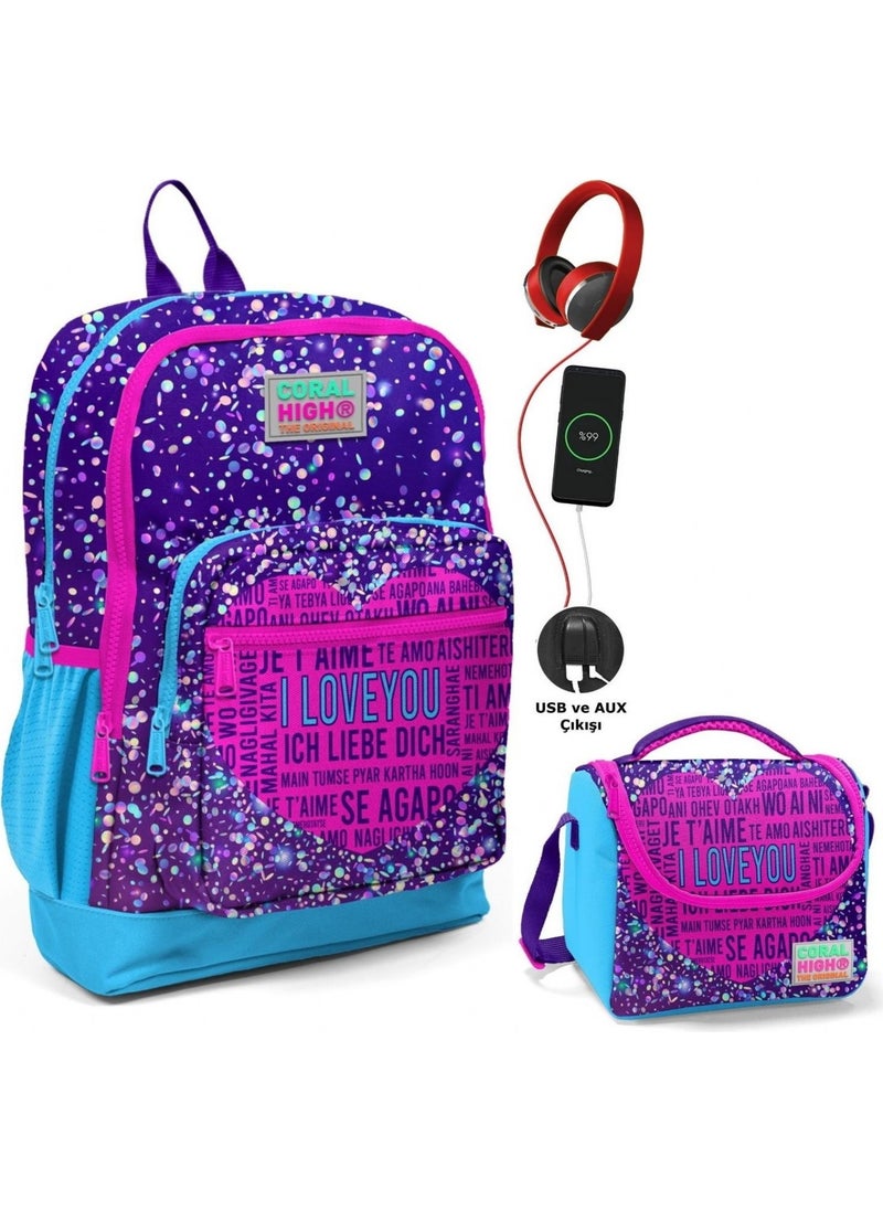 CORAL HIGH - Purple Blue Heart School and Lunch Bag Set - USB Socket - Girl - Image 1