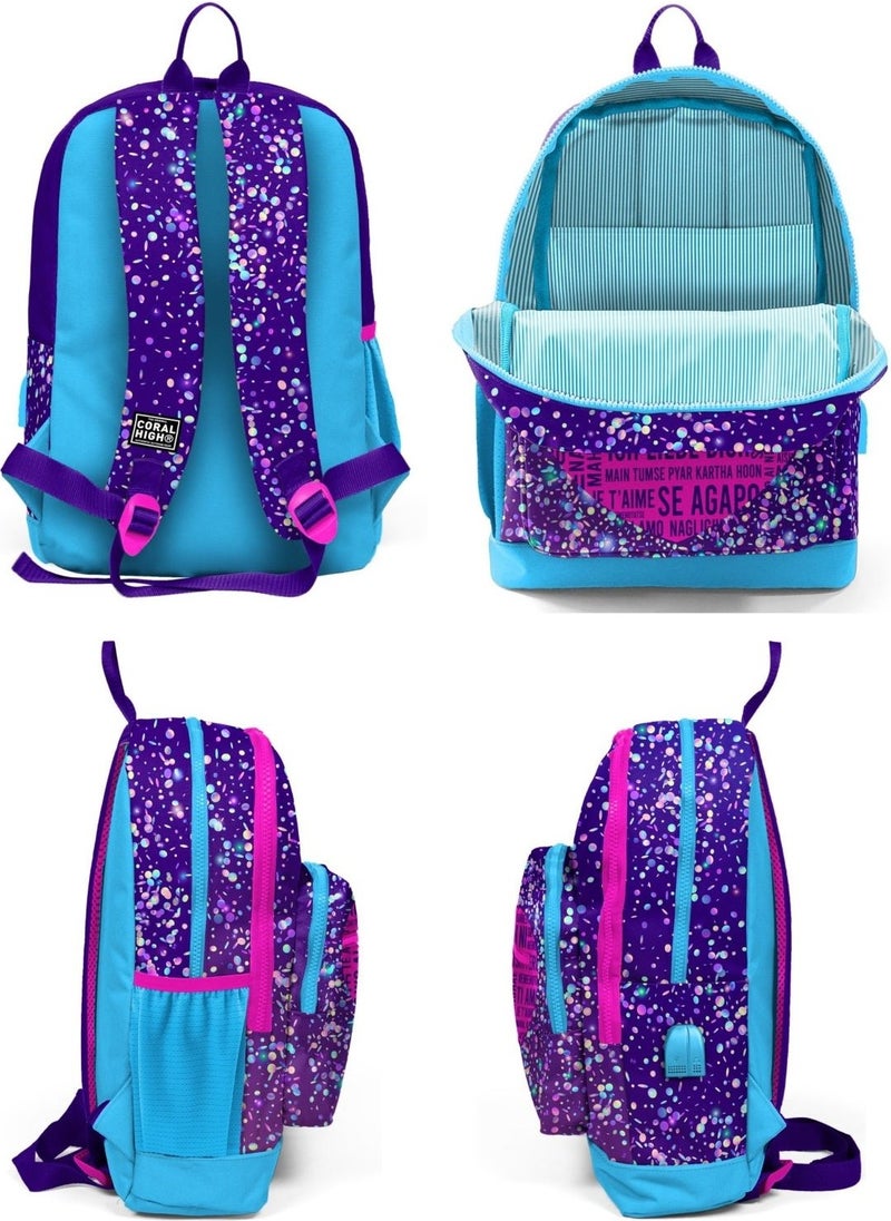 CORAL HIGH - Purple Blue Heart School and Lunch Bag Set - USB Socket - Girl - Image 1