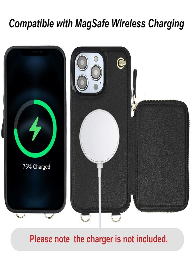 Bocasal for MagSafe Crossbody Wallet Case Compatible with iPhone 14 Pro Max, RFID Blocking Protective Purse Case with Card Slots Holder Kickstand Wrist Strap Lanyard Zipper 6.7 Inch 5G (Black) - Image 3