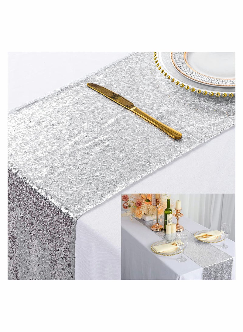 Excefore Sequin Table Runner Glitter Fabric Table Linens Runner Fabric Decorations for Holiday Wedding Birthday Outdoor Party Decor 12x72 inch - Image 1