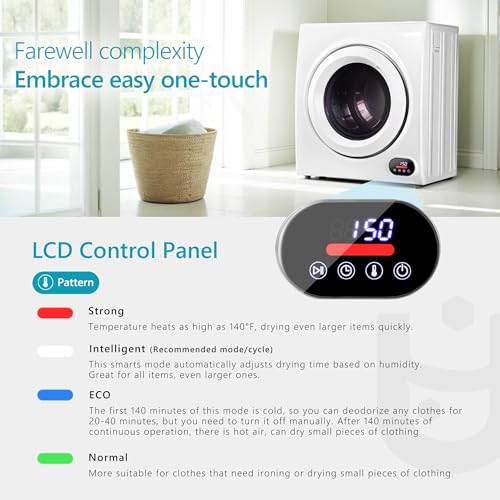 Euhomy Compact Laundry Dryer, 3.5 cu ft Front Load Stainless Steel Clothes Dryers With Exhaust Pipe, 1500W, LCD Control Panel Four-Function Portable Dryer For Apartments, Home, Dorm, White - Image 5
