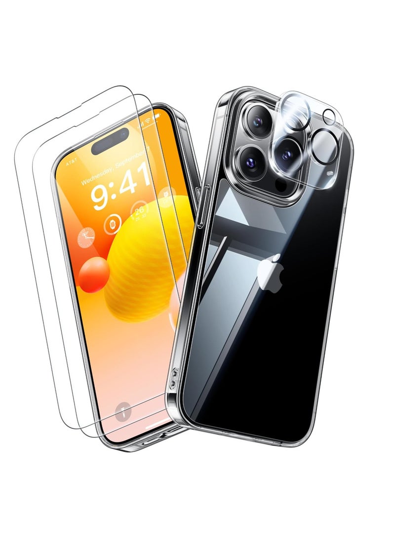 DUSALA Diamond Clear for iPhone 14 Pro Case with 2X Screen Protector + 2X Camera Lens Protector, [Not Yellowing][Military-Grade Protective] Slim Thin Shockproof Phone Case for iPhone 14 Pro, Clear - Image 1