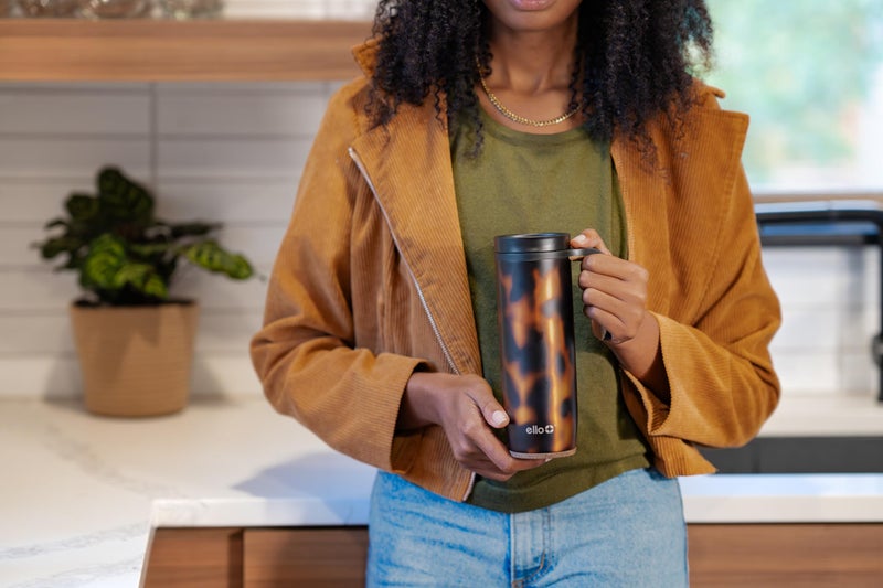 Ello Magnet 18oz Stainless Steel Travel Mug with Handle and Leak Proof Lid | Vacuum Insulated Coffee Cup Keeps Drinks Hot for 5 Hours | BPA Free Tumbler with Built In Coaster, Tortoiseshell - Image 2