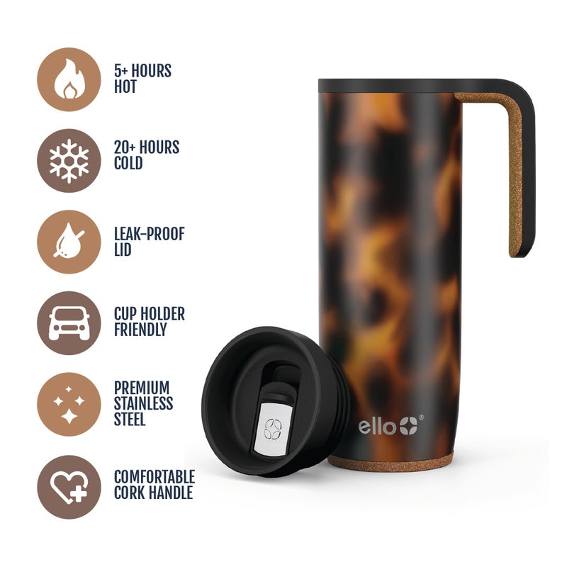Ello Magnet 18oz Stainless Steel Travel Mug with Handle and Leak Proof Lid | Vacuum Insulated Coffee Cup Keeps Drinks Hot for 5 Hours | BPA Free Tumbler with Built In Coaster, Tortoiseshell - Image 3
