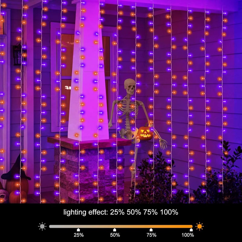 echosari Halloween Curtain Lights Battery Operated, 300 LED Purple Orange Fairy Curtain Lights 9.8Ft x 9.8Ft Hanging Lights with Remote Timer for Party Garden Yard Decor - Image 4