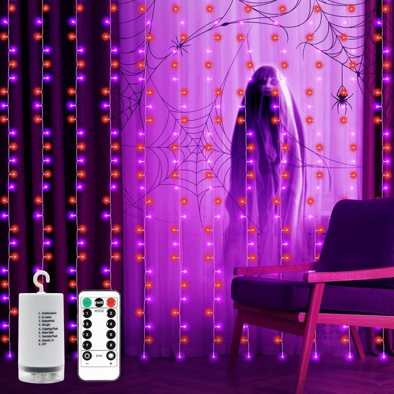 echosari Halloween Curtain Lights Battery Operated, 300 LED Purple Orange Fairy Curtain Lights 9.8Ft x 9.8Ft Hanging Lights with Remote Timer for Party Garden Yard Decor - Image 1