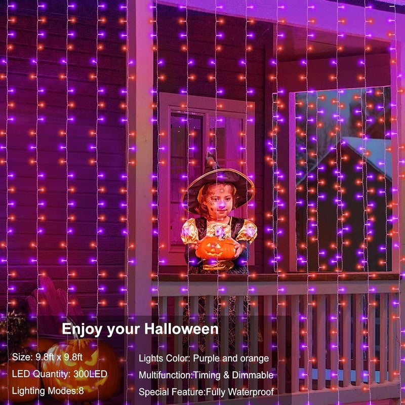 echosari Halloween Curtain Lights Battery Operated, 300 LED Purple Orange Fairy Curtain Lights 9.8Ft x 9.8Ft Hanging Lights with Remote Timer for Party Garden Yard Decor - Image 3