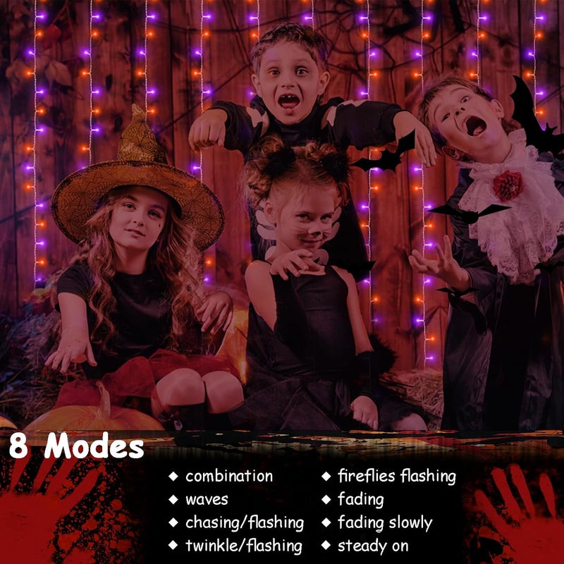 echosari Halloween Curtain Lights Battery Operated, 300 LED Purple Orange Fairy Curtain Lights 9.8Ft x 9.8Ft Hanging Lights with Remote Timer for Party Garden Yard Decor - Image 2