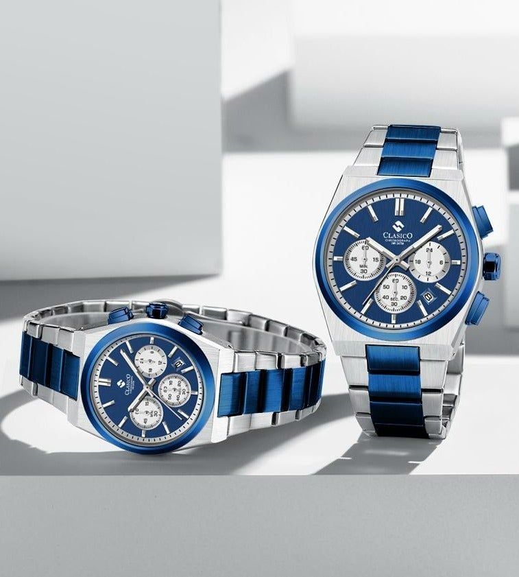 Eclipse Couple Edition – Sapphire Blue and Brushed Silver Dual Tone – 6-Hands Chronograph Watch with Steel Strap – Waterproof Design – Watch Gift Set 40mm & 32mm