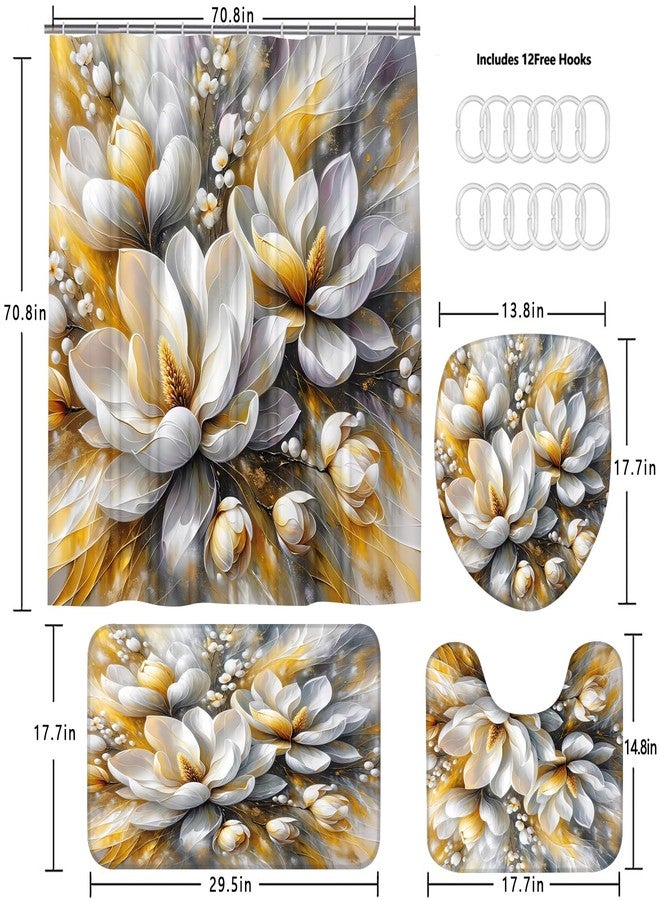 Pretyw 4-Piece Magnolia Flowers Shower Curtain Set Dreamy Beauty Bathroom Set with Shower Curtain and Rugs, Gold White and Gray Bath Curtain with Hooks for Home Decor - Image 5