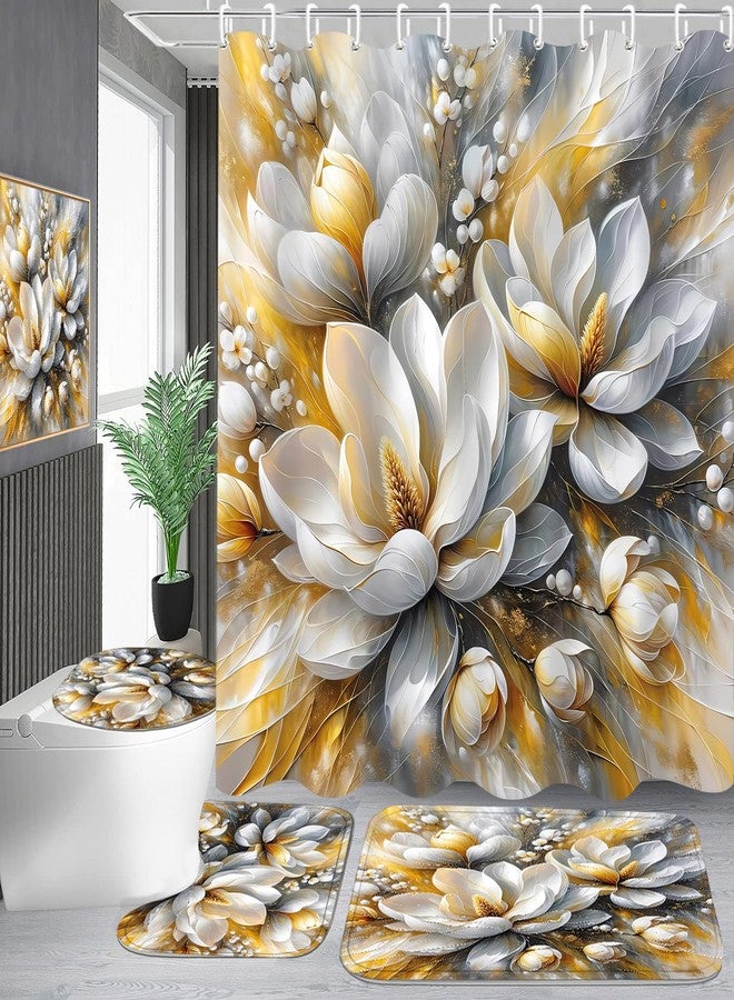 Pretyw 4-Piece Magnolia Flowers Shower Curtain Set Dreamy Beauty Bathroom Set with Shower Curtain and Rugs, Gold White and Gray Bath Curtain with Hooks for Home Decor - Image 4
