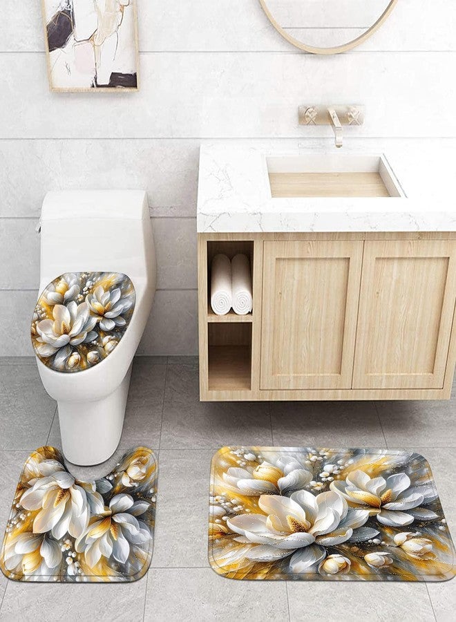 Pretyw 4-Piece Magnolia Flowers Shower Curtain Set Dreamy Beauty Bathroom Set with Shower Curtain and Rugs, Gold White and Gray Bath Curtain with Hooks for Home Decor - Image 3