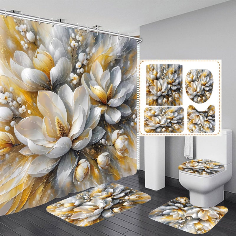 Pretyw 4-Piece Magnolia Flowers Shower Curtain Set Dreamy Beauty Bathroom Set with Shower Curtain and Rugs, Gold White and Gray Bath Curtain with Hooks for Home Decor - Image 1