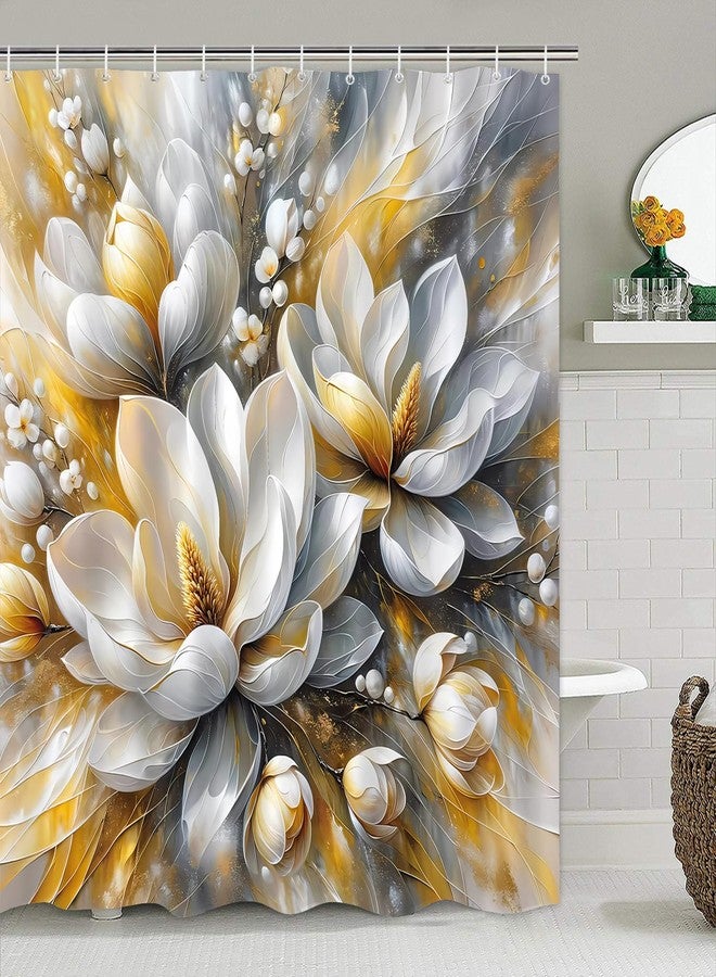 Pretyw 4-Piece Magnolia Flowers Shower Curtain Set Dreamy Beauty Bathroom Set with Shower Curtain and Rugs, Gold White and Gray Bath Curtain with Hooks for Home Decor - Image 2