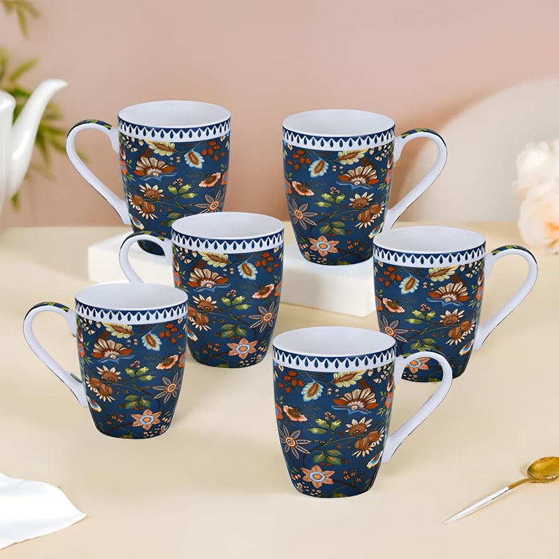 Lemon Tree Porcelain Ceramic TeaCoffee Mugs 170ml Set of 6 Microwave Dishwasher Safe Mugs with Handle for Milk Ideal for Daily Use Gifting Dark Blue - Image 1
