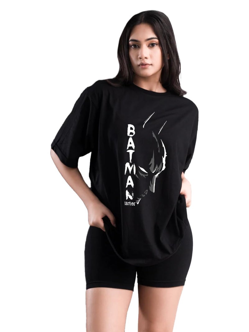 LEOTUDE Womens Oversized Round Neck Cottonblend Half Sleeve T-Shirts (GRL_FS49_Black_Batman_P_Black_M) - Image 4