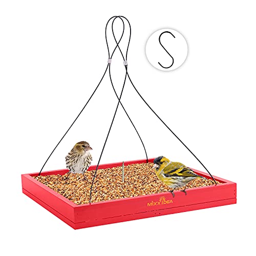 MIXXIDEA Bird Feeder Hanging Tray Seed Tray Wooden Platform Hummingbird Feeder Hanging Tray Mesh Seed Platform for Garden Yard Outside Decoration Attracting for Wild Birds (Red-1pk) - Image 1