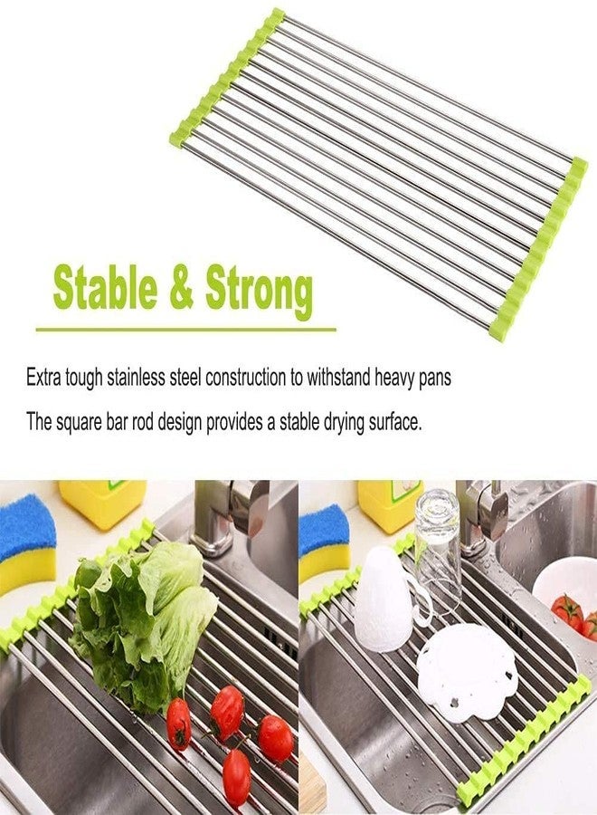 pepplo® Dish Drying Rack 18.5" x 8", Over Sink Roll Up Large Dish Drainers Rack, Multipurpose Foldable Kitchen Sink Rack Mat Stainless Steel s for Dishes, Cups, Fruits Vegetables (Green) - Image 2