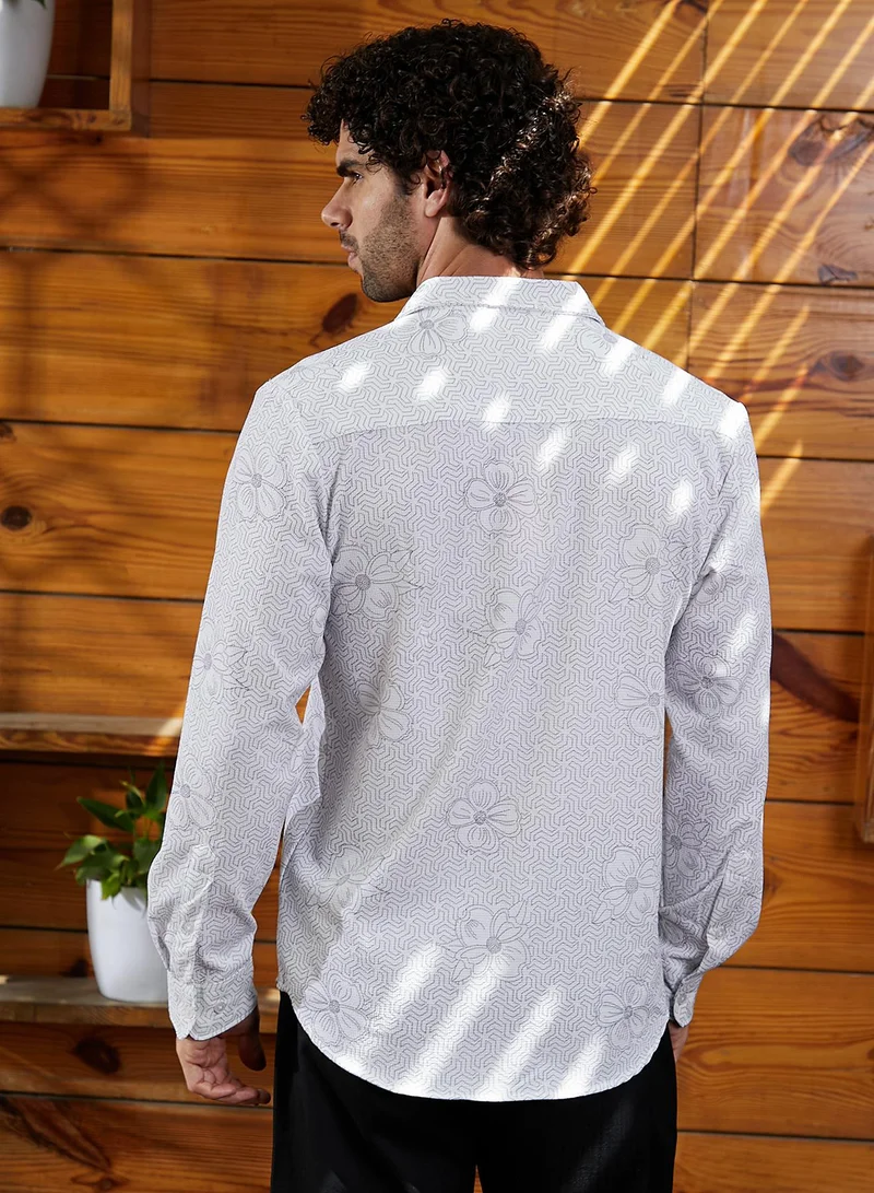 Campus Sutra Men's Cream White Stencil-Botanics Shirt