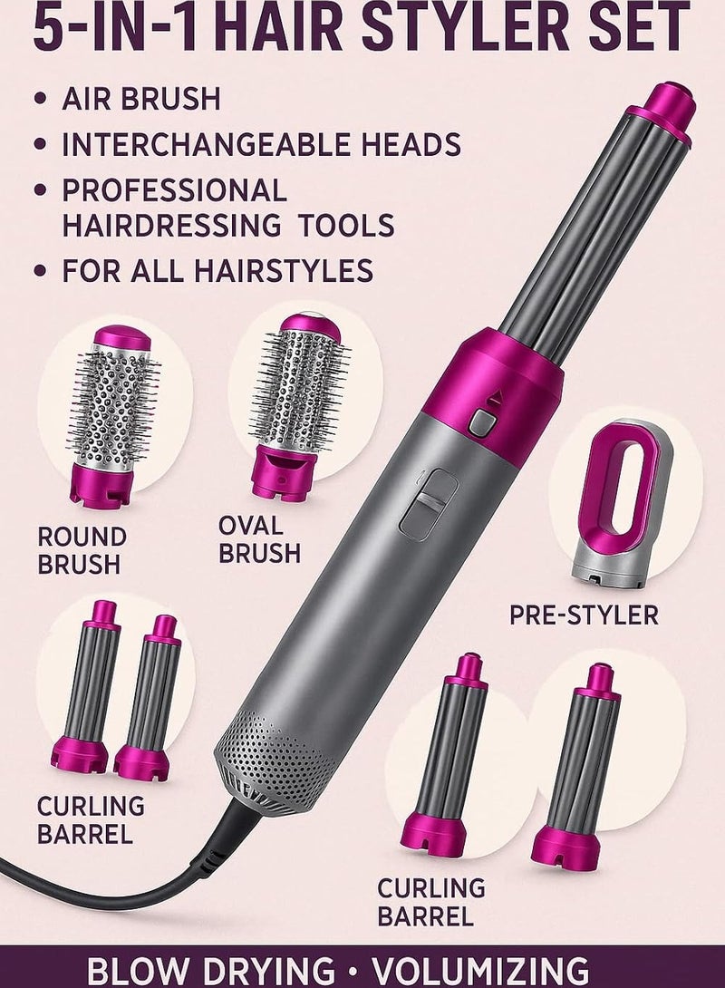 5 in 1 Hair Dryer Brush Air Styler Set with Interchangeable Heads Ionic Care for Blow Drying Straightening Curling and Volumizing - Image 1