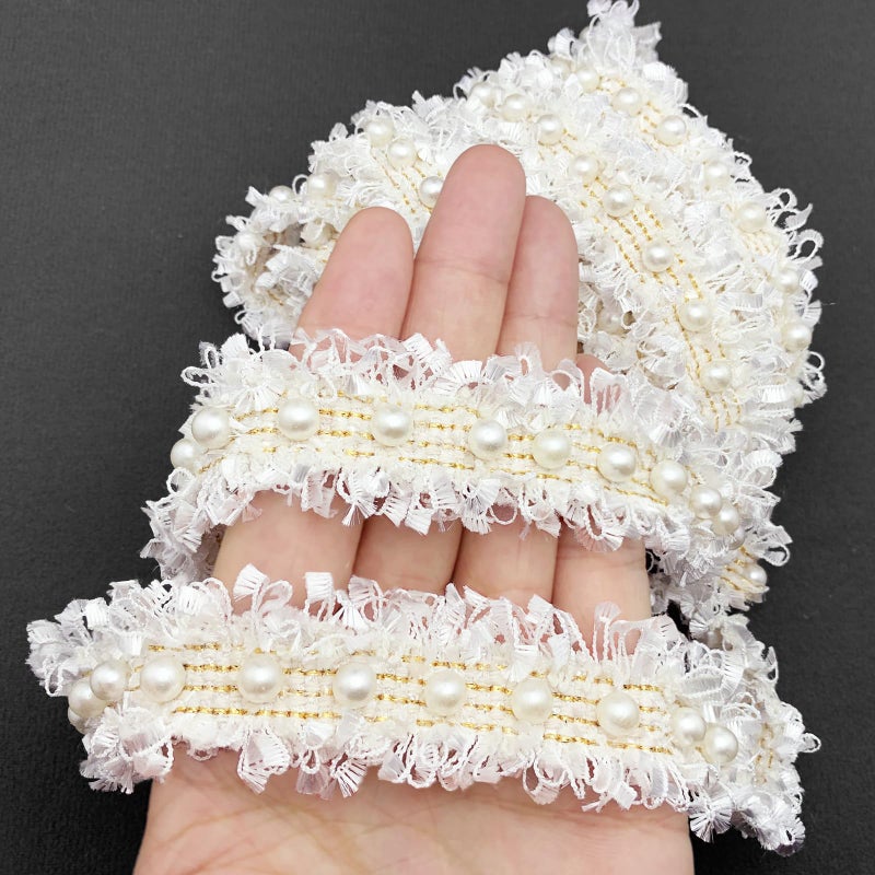 BETITETO Pearl Beaded Braid Lace Trim Ribbon Trimming Edge Embellishments 3 Yards for Sewing Wedding Dress Coat Costume Party Decoration Fabric Crafts DIY White