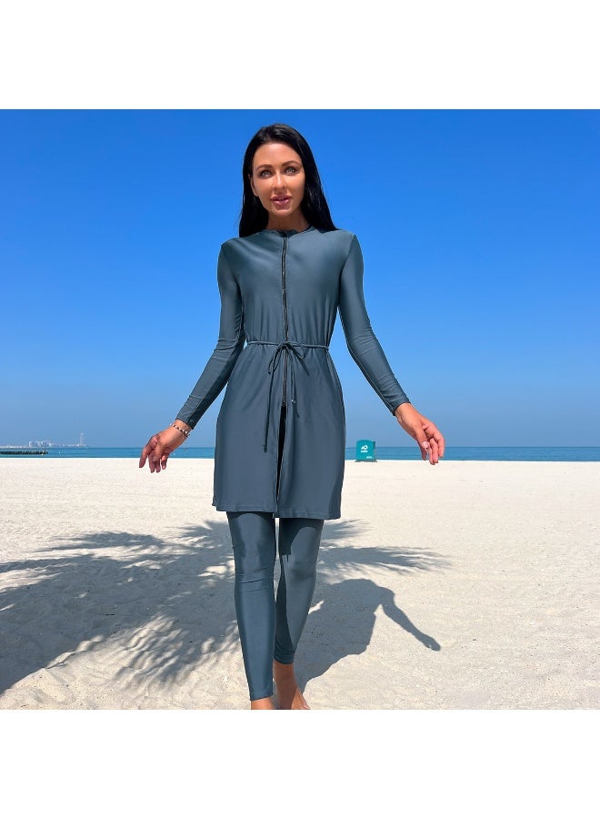 مجموعة ثلاثية قطع من ملابس السباحة المرنة لحماية المرأة من الشمس - Image 2