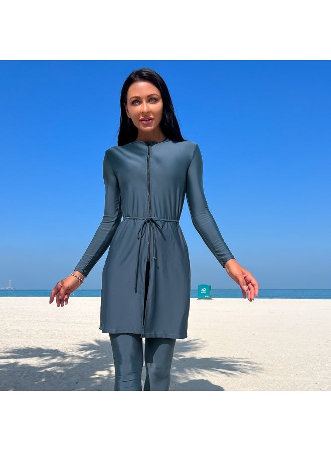 مجموعة ثلاثية قطع من ملابس السباحة المرنة لحماية المرأة من الشمس - Image 1