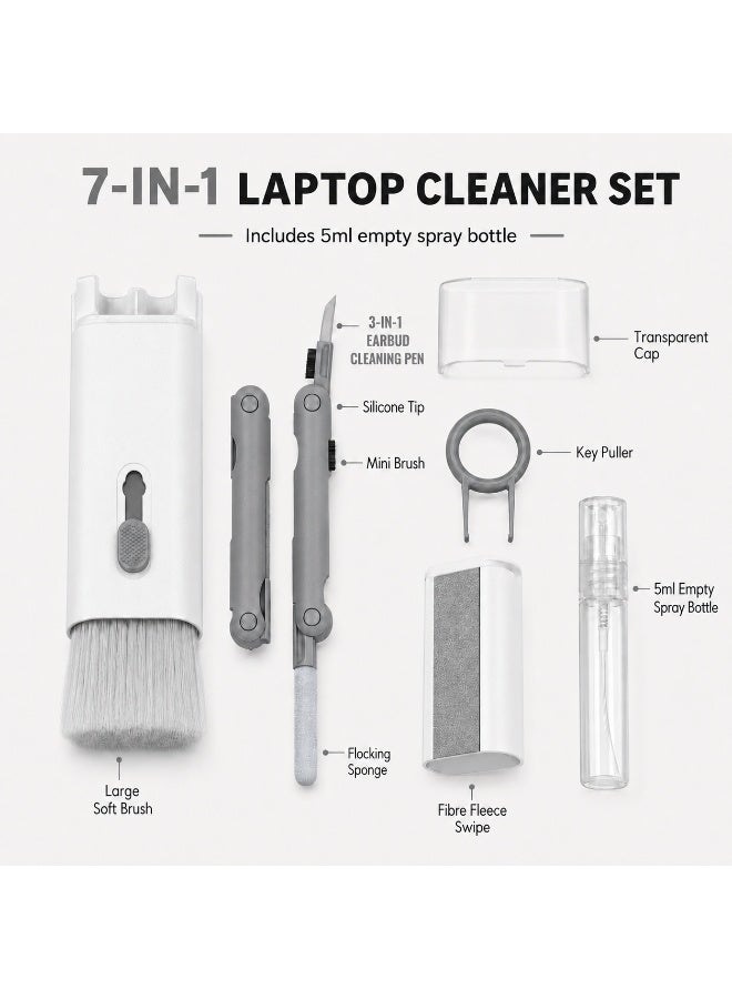 7-in-1 Electronics Cleaning Kit with Large Keyboard Brush, 3-in-1 Earbud Cleaning Pen, Keycap Puller, Screen Wipe and 5ml Empty Spray Bottle, White and Gray - Image 2