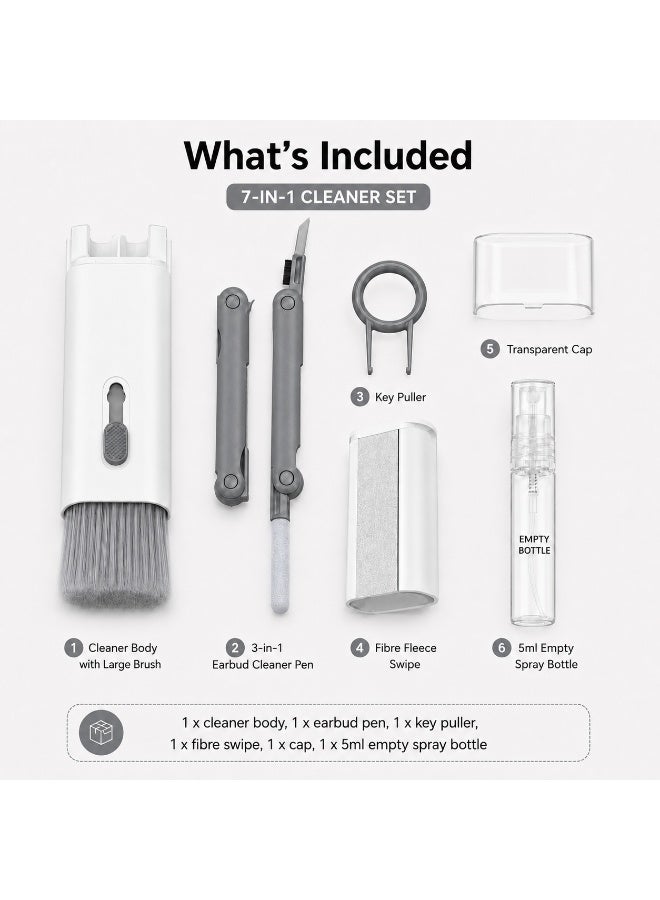 7-in-1 Electronics Cleaning Kit with Large Keyboard Brush, 3-in-1 Earbud Cleaning Pen, Keycap Puller, Screen Wipe and 5ml Empty Spray Bottle, White and Gray - Image 3