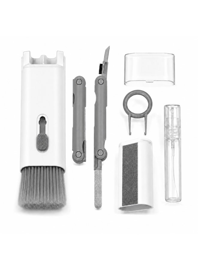7-in-1 Electronics Cleaning Kit with Large Keyboard Brush, 3-in-1 Earbud Cleaning Pen, Keycap Puller, Screen Wipe and 5ml Empty Spray Bottle, White and Gray - Image 1