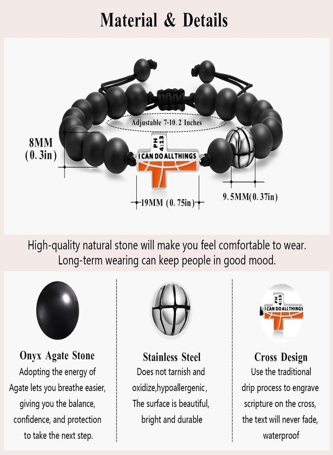 MEALGUET Basketball Strand Bracelet, Adjustable Design with Inspirational Cross Engraving, Black Agate Beads, Stainless Steel, Sports Gift for Boys and Men - Image 3