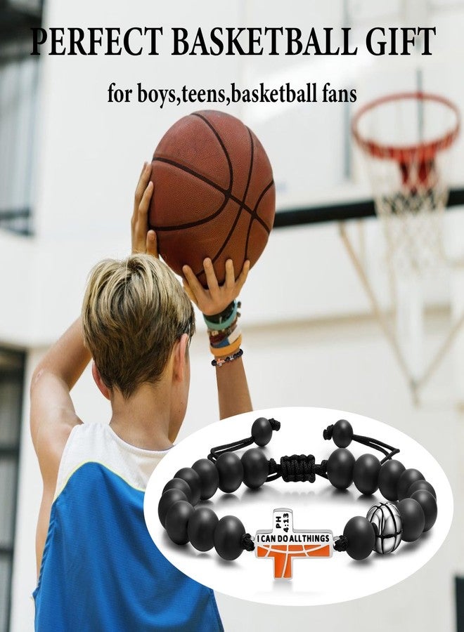 MEALGUET Basketball Strand Bracelet, Adjustable Design with Inspirational Cross Engraving, Black Agate Beads, Stainless Steel, Sports Gift for Boys and Men - Image 2