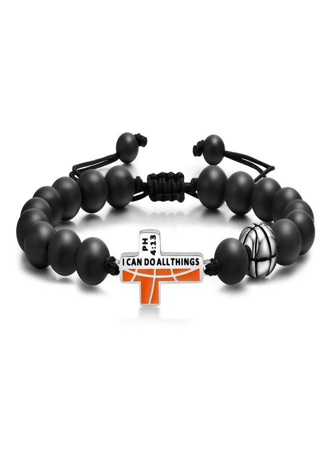 MEALGUET Basketball Strand Bracelet, Adjustable Design with Inspirational Cross Engraving, Black Agate Beads, Stainless Steel, Sports Gift for Boys and Men - Image 1