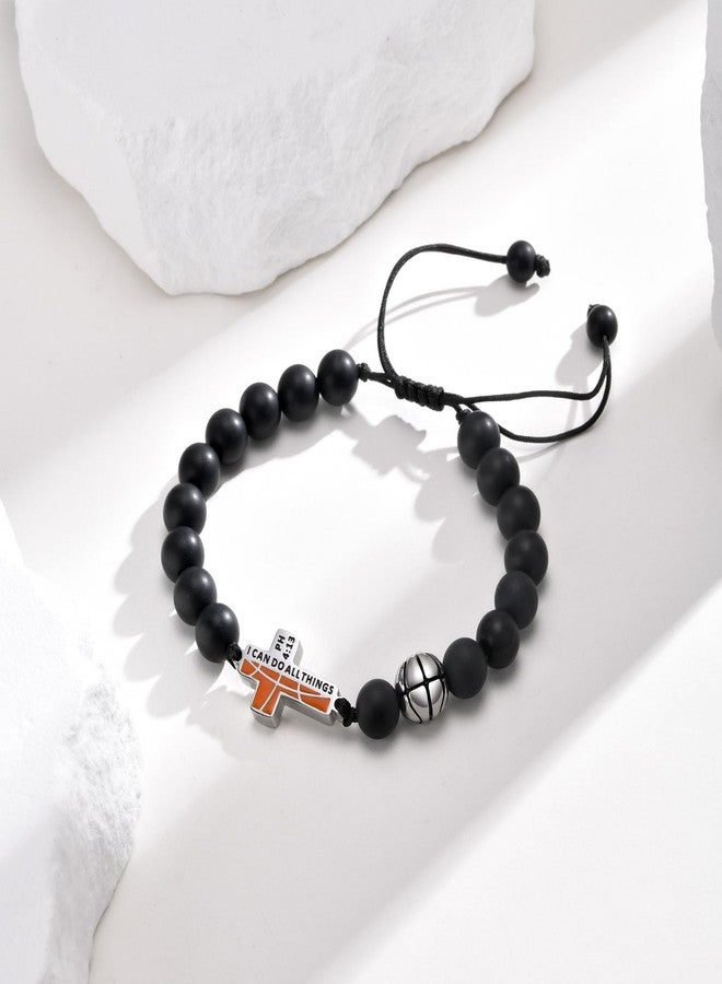MEALGUET Basketball Strand Bracelet, Adjustable Design with Inspirational Cross Engraving, Black Agate Beads, Stainless Steel, Sports Gift for Boys and Men - Image 4